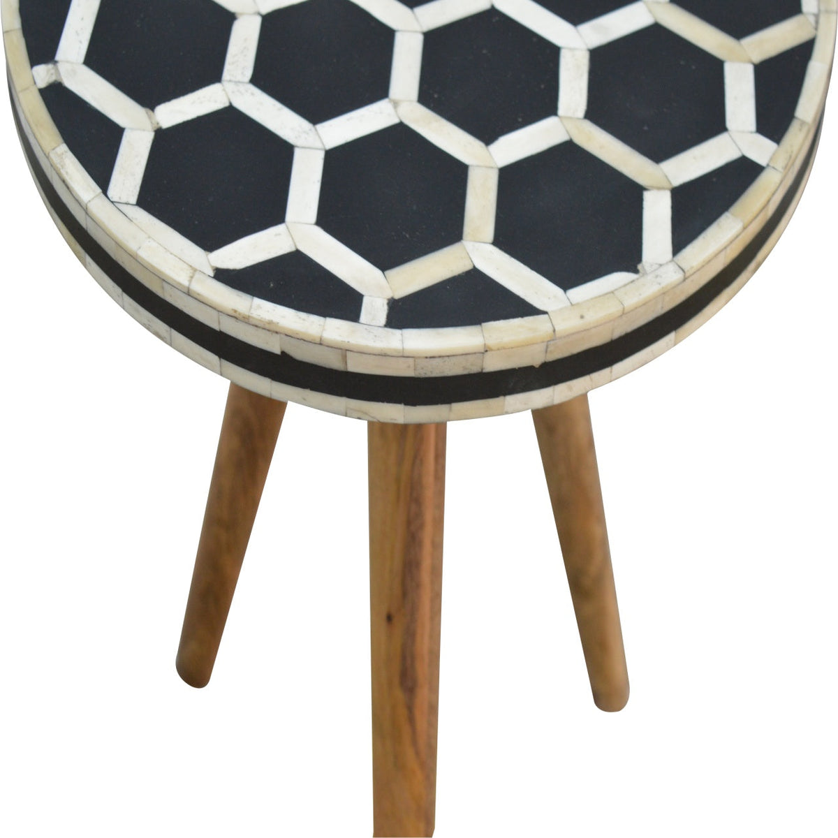 Oak Finish Mango Wood Tripod Stool — Bone Inlay Top, Round Accent Side Table | Odette