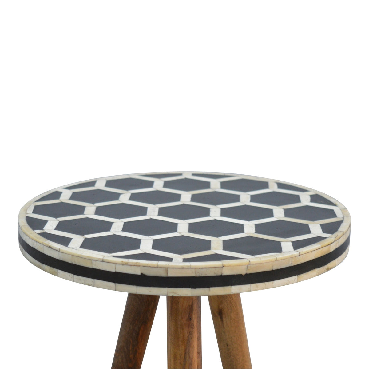 Oak Finish Mango Wood Tripod Stool — Bone Inlay Top, Round Accent Side Table | Odette