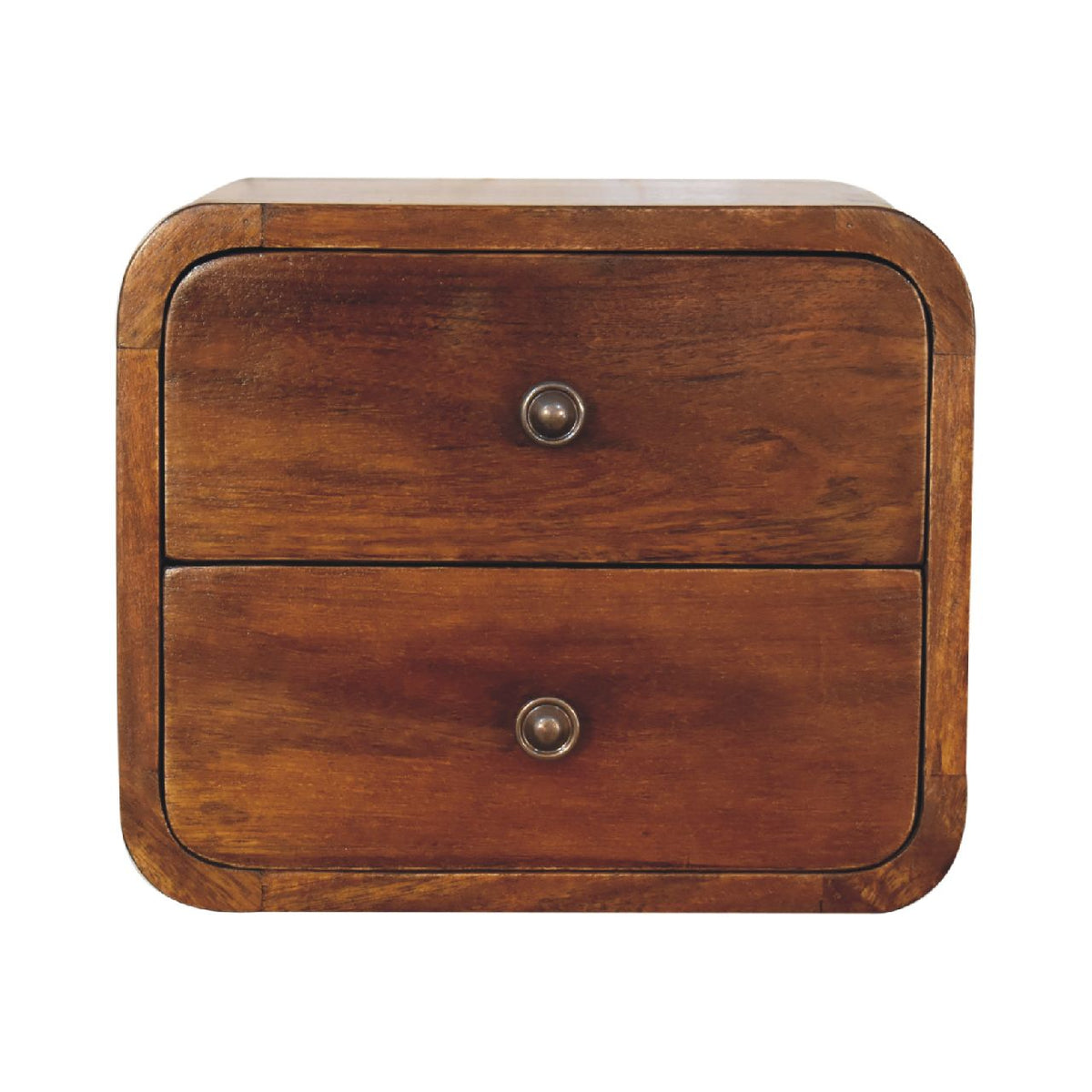 Chestnut Mango Wood 2-Drawer Floating Nightstand — Wall Mounted Curved Bedside Table | Vervins