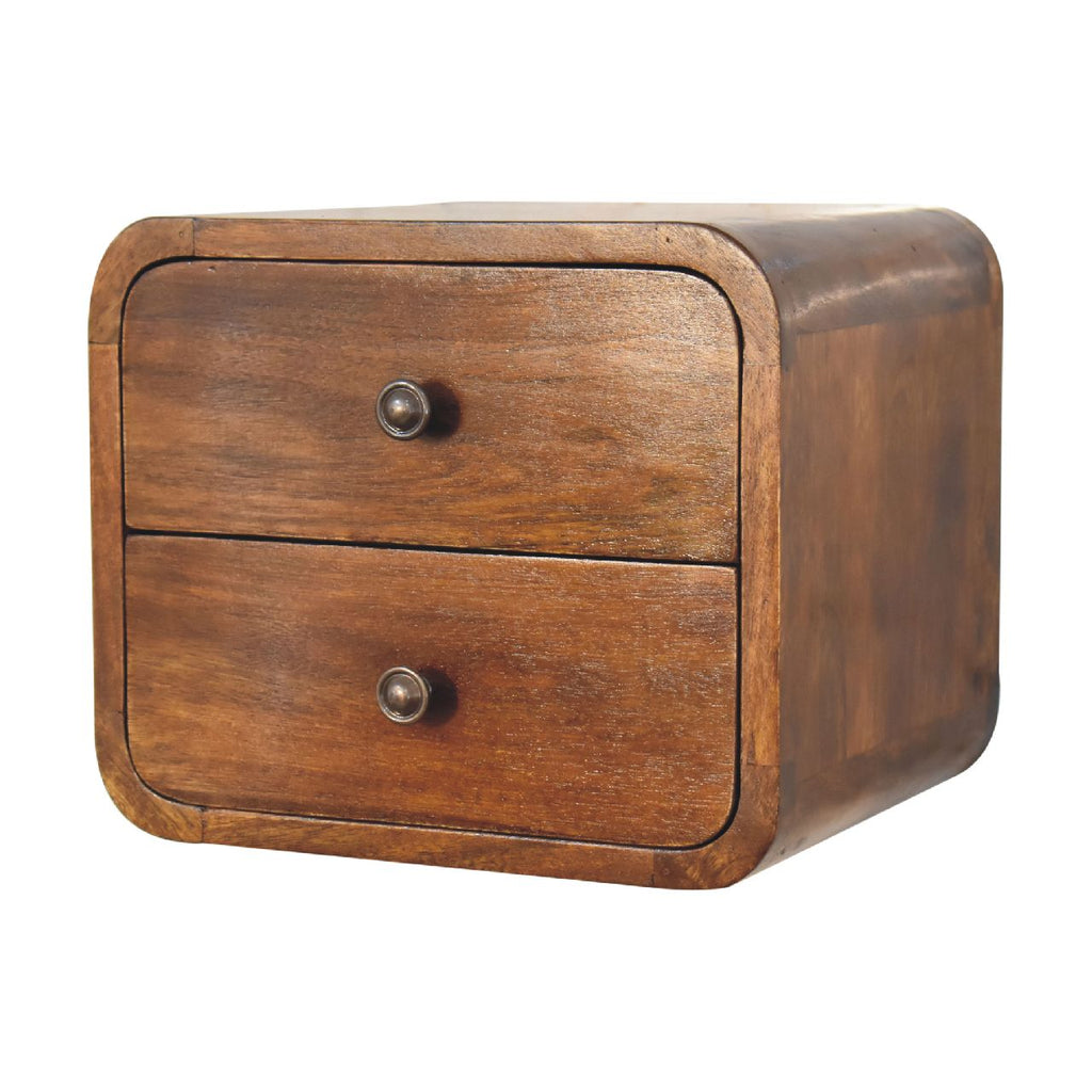 Chestnut Mango Wood 2-Drawer Floating Nightstand — Wall Mounted Curved Bedside Table | Vervins