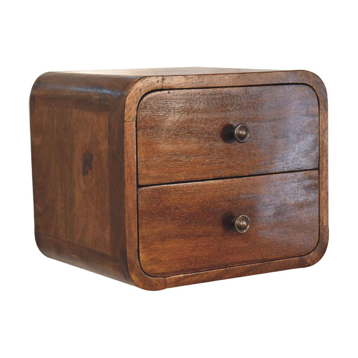 Chestnut Mango Wood 2-Drawer Floating Nightstand — Wall Mounted Curved Bedside Table | Vervins