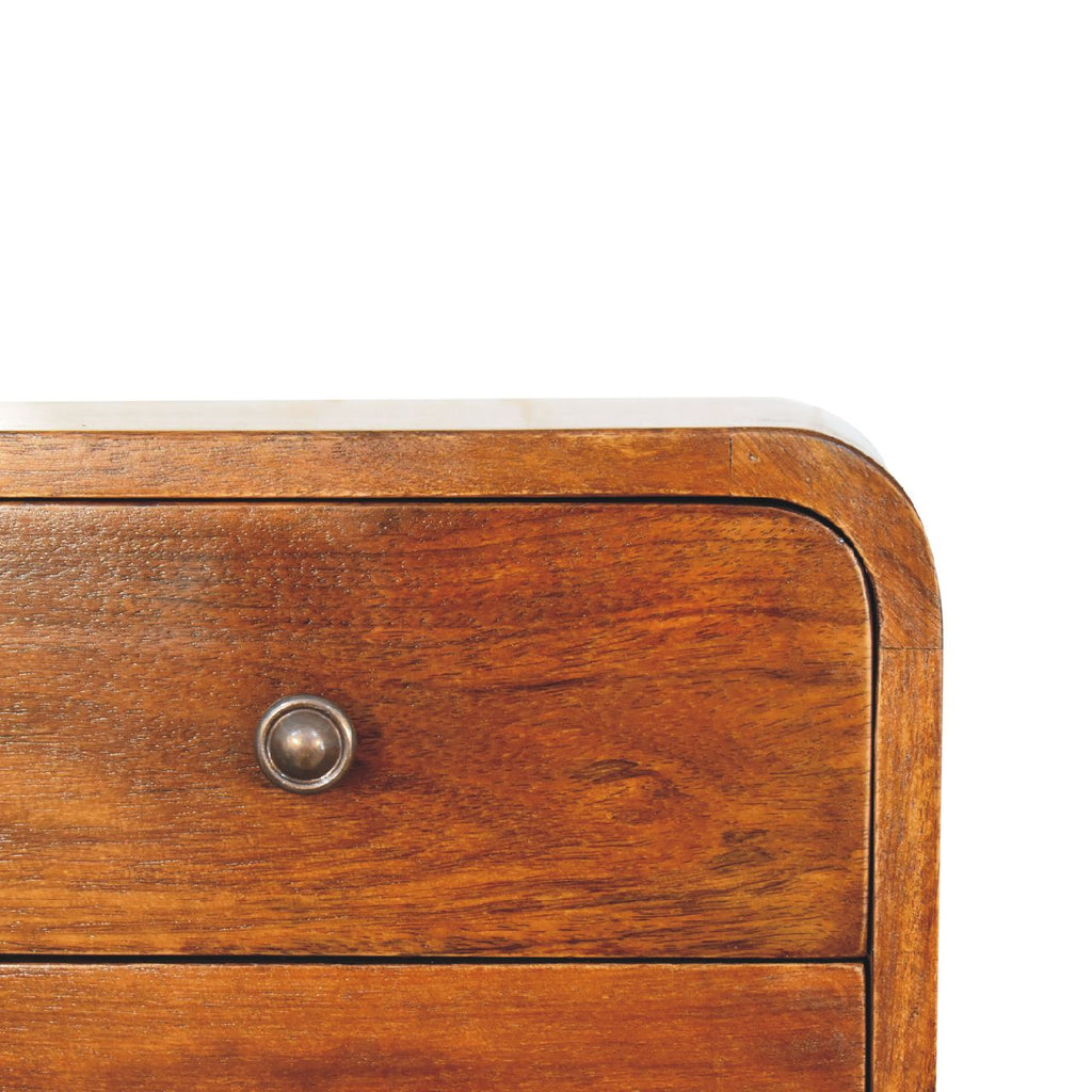 Chestnut Mango Wood 2-Drawer Floating Nightstand — Wall Mounted Curved Bedside Table | Vervins