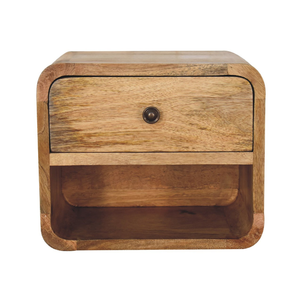 Oak Finish Mango Wood 1-Drawer Floating Nightstand — Wall-Mounted Bedside Table, Open Shelf | Honfleur