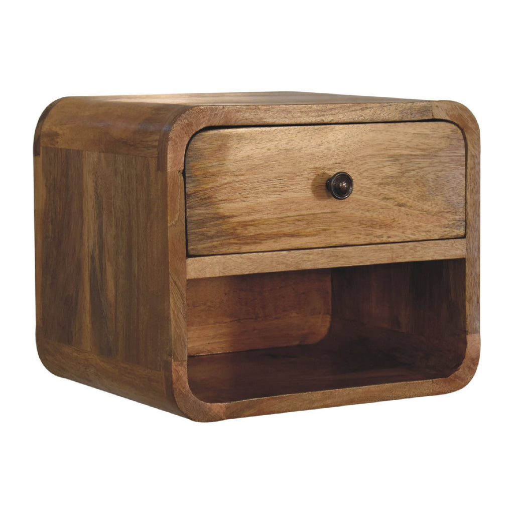 Oak Finish Mango Wood 1-Drawer Floating Nightstand — Wall-Mounted Bedside Table, Open Shelf | Honfleur
