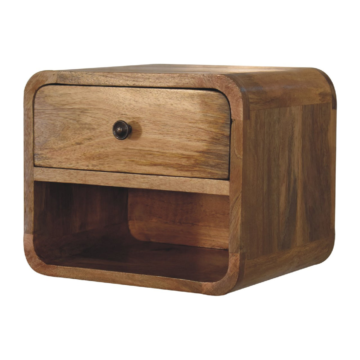 Oak Finish Mango Wood 1-Drawer Floating Nightstand — Wall-Mounted Bedside Table, Open Shelf | Honfleur