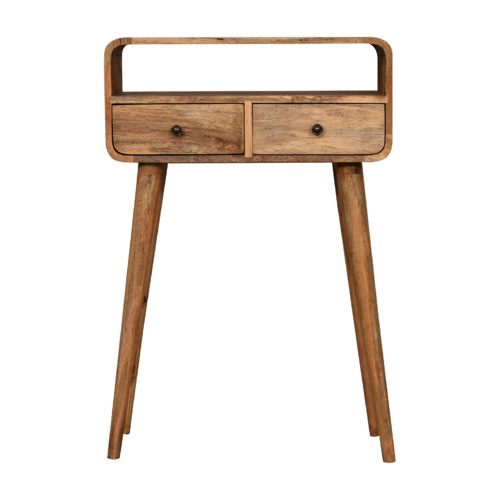 Oak Finish Mango Wood 2-Drawer Curved Console Table — Open Shelf, Nordic Legs | Anjou