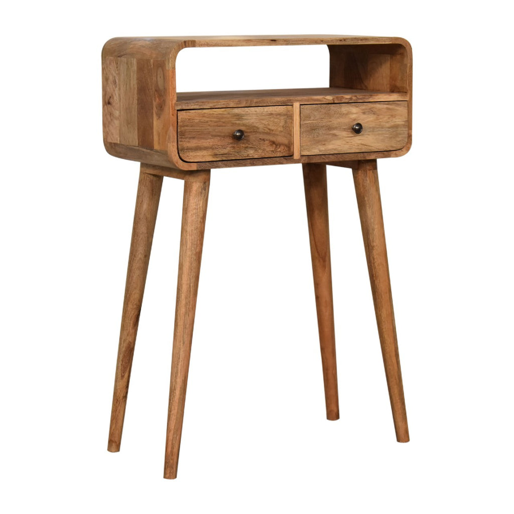 Oak Finish Mango Wood 2-Drawer Curved Console Table — Open Shelf, Nordic Legs | Anjou