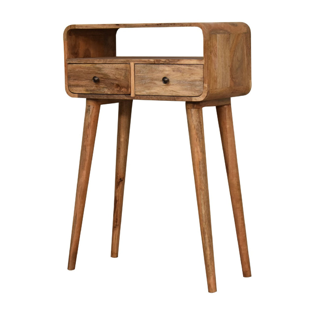 Oak Finish Mango Wood 2-Drawer Curved Console Table — Open Shelf, Nordic Legs | Anjou