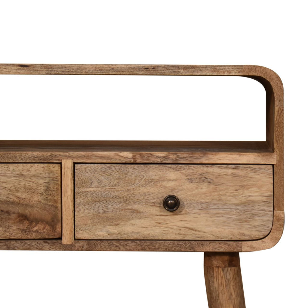 Oak Finish Mango Wood 2-Drawer Curved Console Table — Open Shelf, Nordic Legs | Anjou