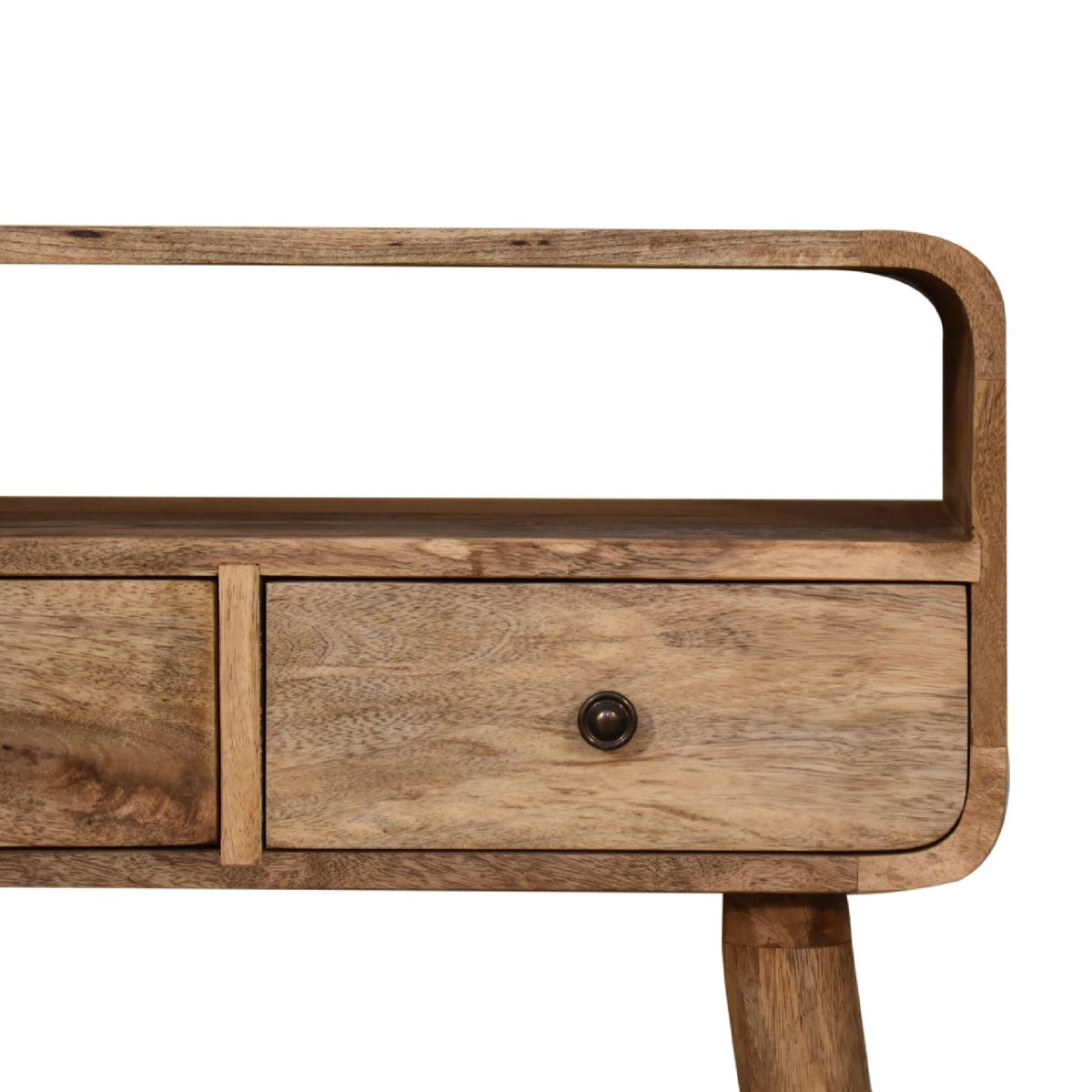 Oak Finish Mango Wood 2-Drawer Curved Console Table — Open Shelf, Nordic Legs | Anjou