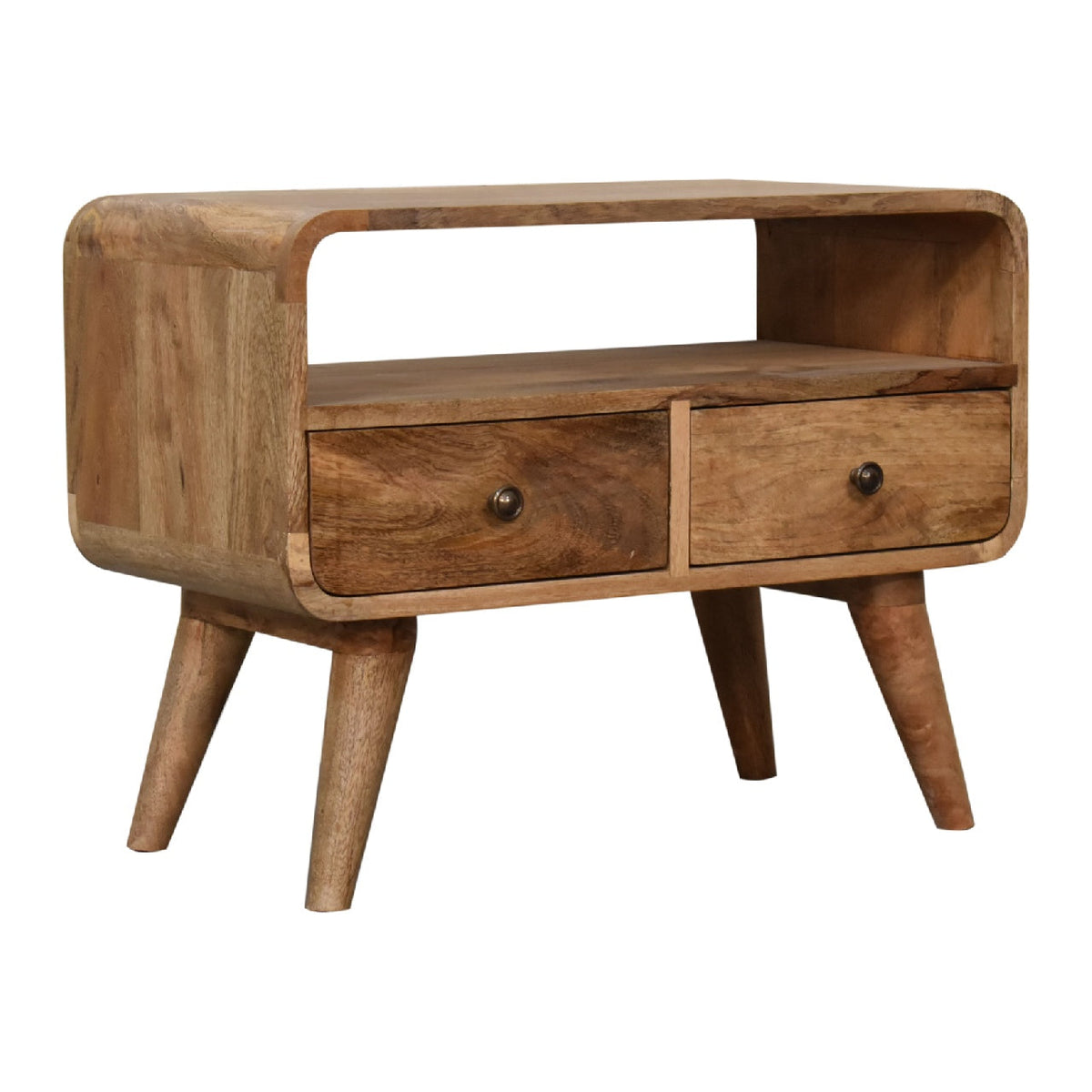 Oak Finish Mango Wood 2-Drawer Media Console — Curved Mini TV Stand, Nordic Legs | Bayeux