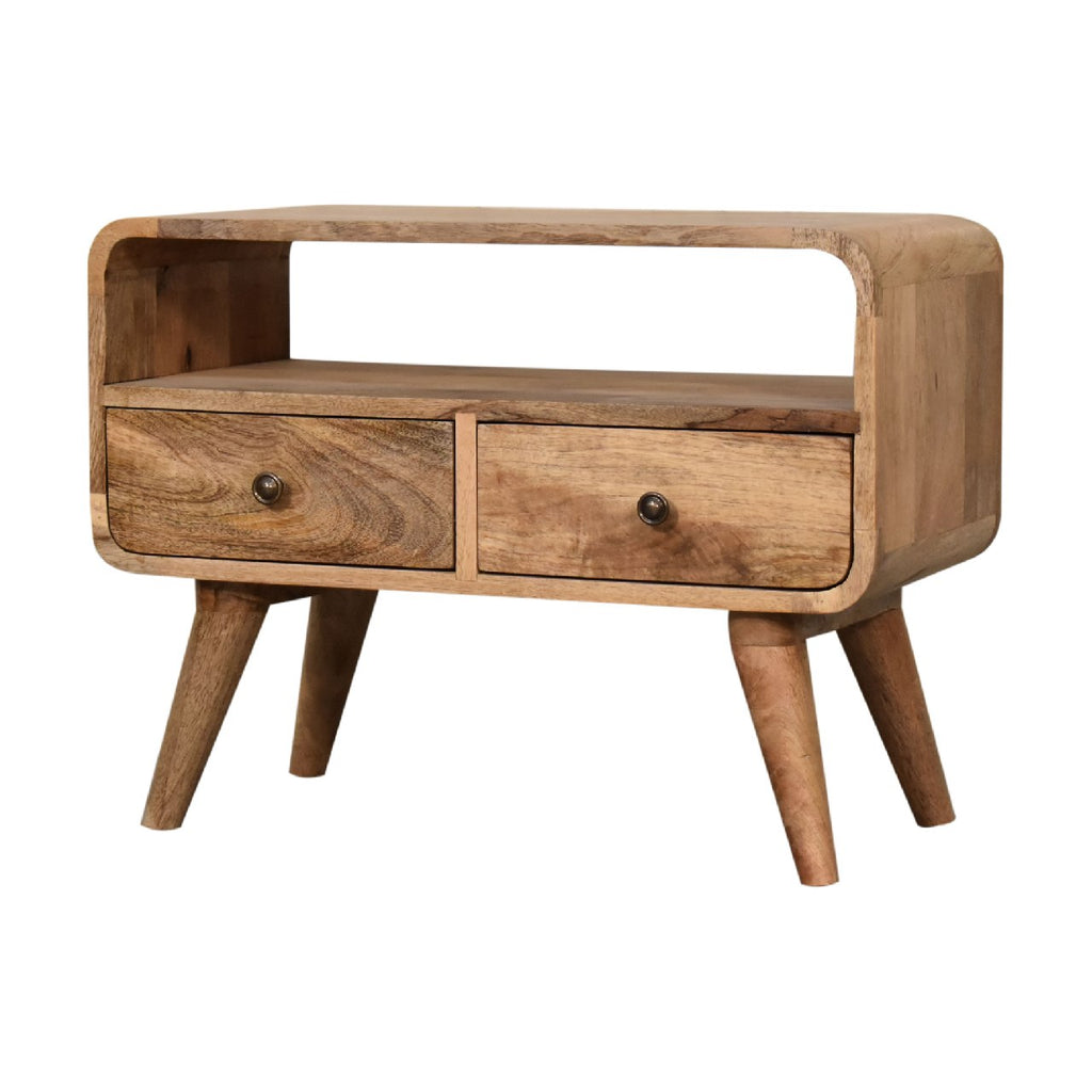 Oak Finish Mango Wood 2-Drawer Media Console — Curved Mini TV Stand, Nordic Legs | Bayeux