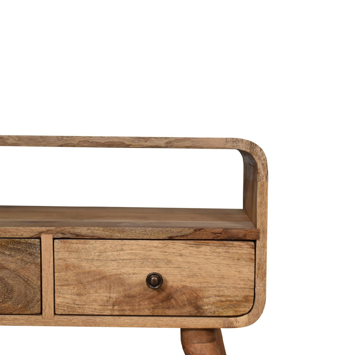 Oak Finish Mango Wood 2-Drawer Media Console — Curved Mini TV Stand, Nordic Legs | Bayeux