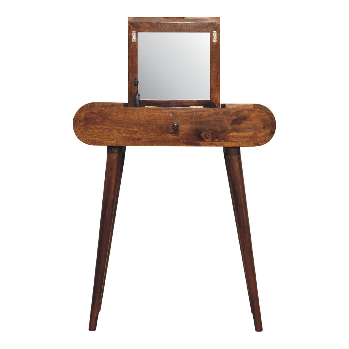 Chestnut Mango Wood Mini Vanity Table — Foldable Mirror, Nordic Legs | Chambery