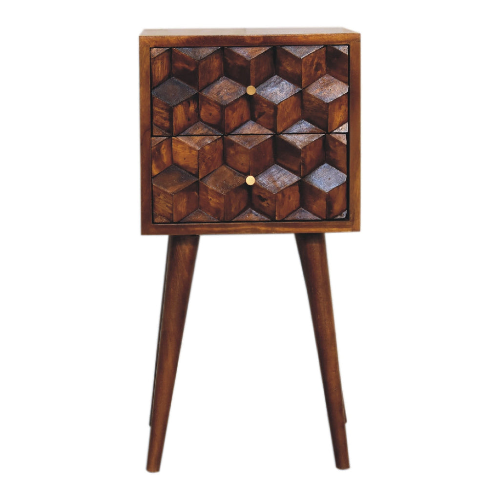 Chestnut Mango Wood 2-Drawer Mini Nightstand — Cube-Carved Drawers, Nordic Legs Bedside Table | Dordogne