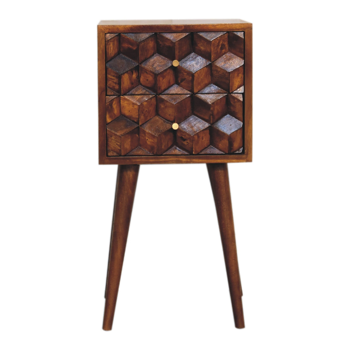 Chestnut Mango Wood 2-Drawer Mini Nightstand — Cube-Carved Drawers, Nordic Legs Bedside Table | Dordogne