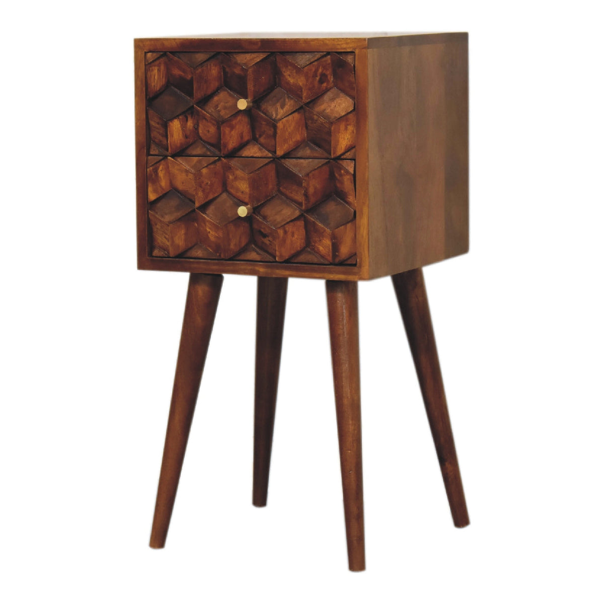 Chestnut Mango Wood 2-Drawer Mini Nightstand — Cube-Carved Drawers, Nordic Legs Bedside Table | Dordogne