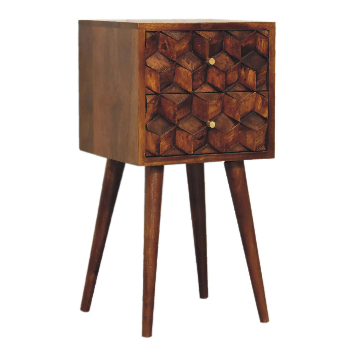 Chestnut Mango Wood 2-Drawer Mini Nightstand — Cube-Carved Drawers, Nordic Legs Bedside Table | Dordogne