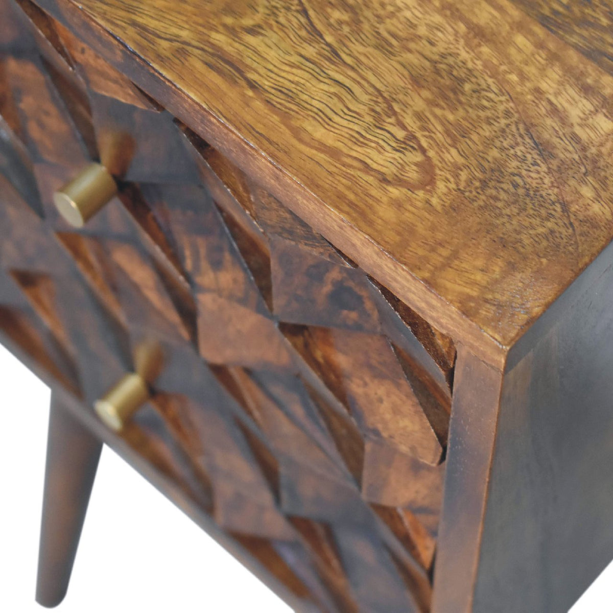 Chestnut Mango Wood 2-Drawer Mini Nightstand — Cube-Carved Drawers, Nordic Legs Bedside Table | Dordogne
