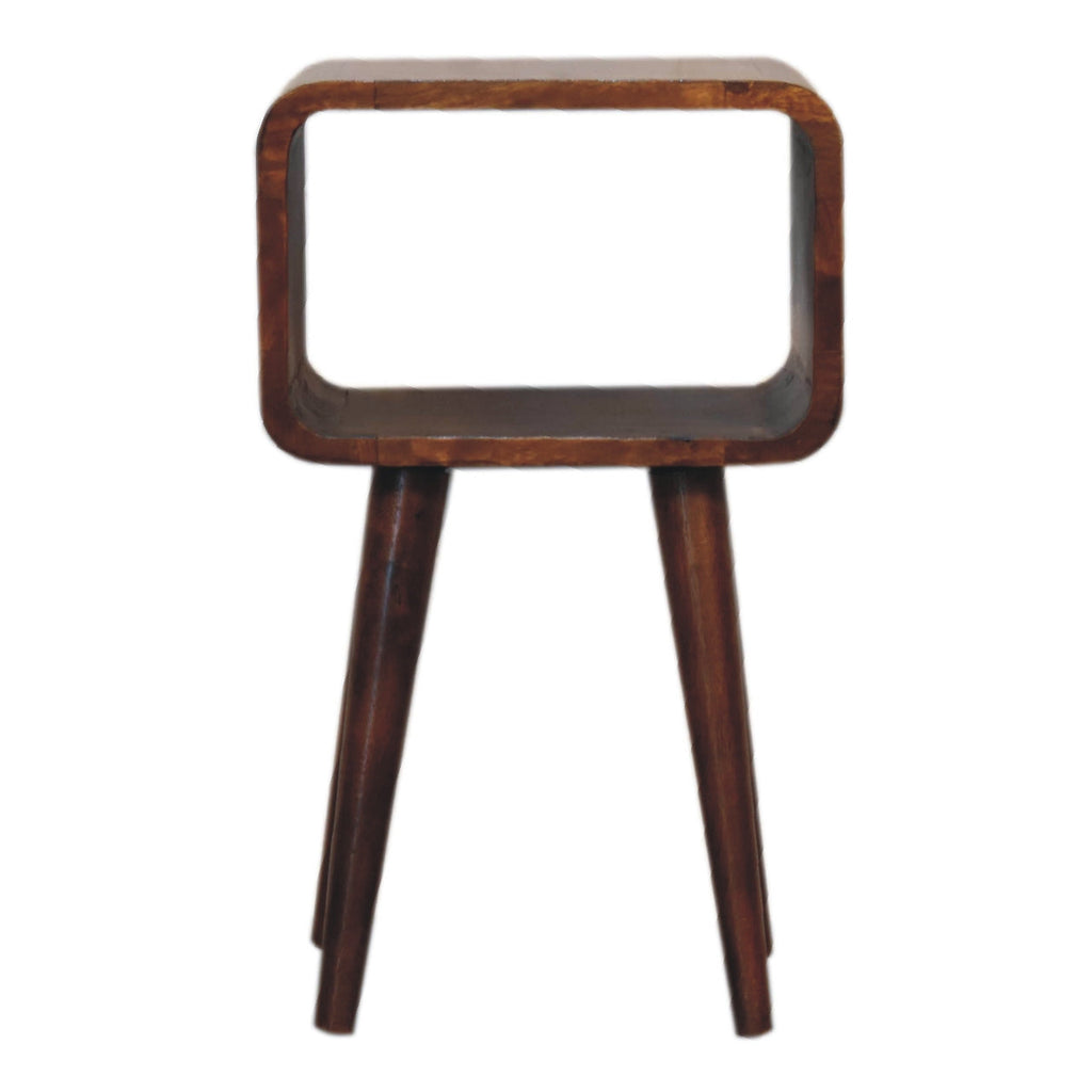 Chestnut Mango Wood Mini Nightstand — Curved Open Shelf Bedside Table, Tapered Legs | Etienne