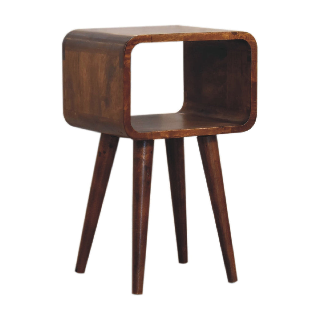 Chestnut Mango Wood Mini Nightstand — Curved Open Shelf Bedside Table, Tapered Legs | Etienne