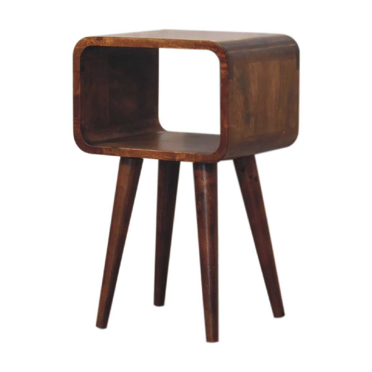 Chestnut Mango Wood Mini Nightstand — Curved Open Shelf Bedside Table, Tapered Legs | Etienne