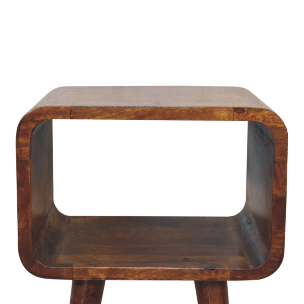 Chestnut Mango Wood Mini Nightstand — Curved Open Shelf Bedside Table, Tapered Legs | Etienne