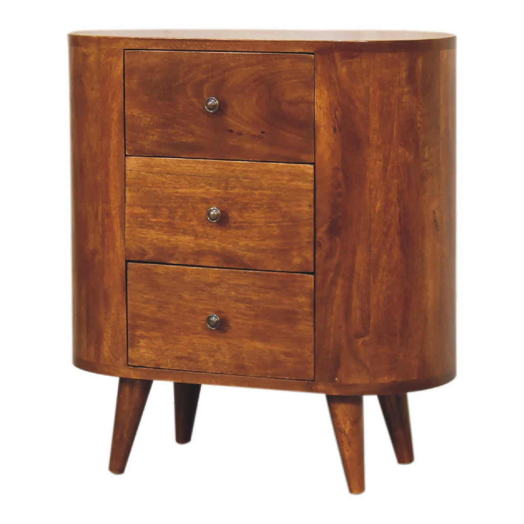 Chestnut Mango Wood 3-Drawer Mini Cabinet — Shiny Knobs, Nordic Legs | Giverny