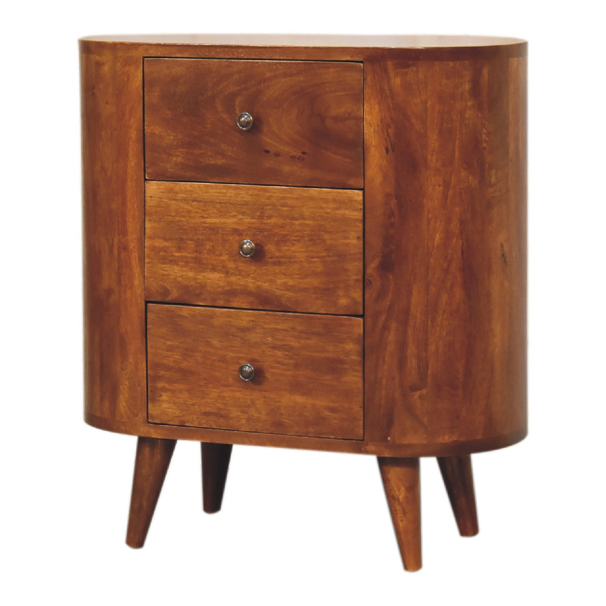 Chestnut Mango Wood 3-Drawer Mini Cabinet — Shiny Knobs, Nordic Legs | Giverny