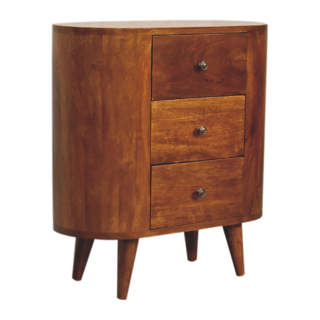 Chestnut Mango Wood 3-Drawer Mini Cabinet — Shiny Knobs, Nordic Legs | Giverny