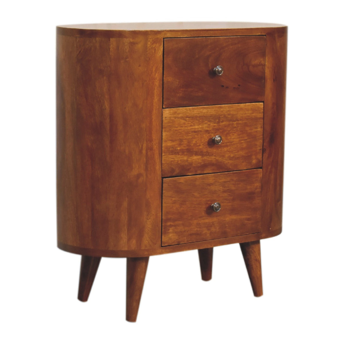 Chestnut Mango Wood 3-Drawer Mini Cabinet — Shiny Knobs, Nordic Legs | Giverny
