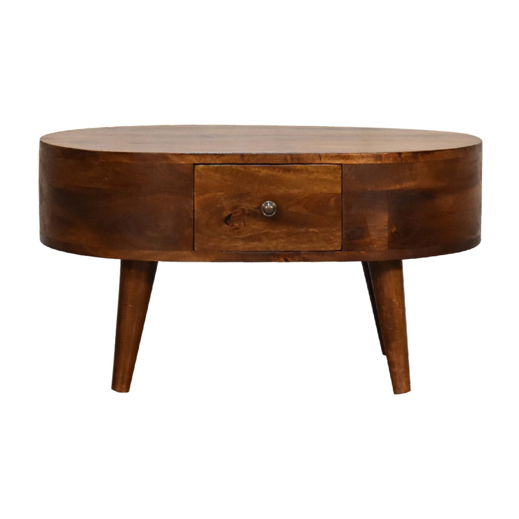 Chestnut Mango Wood 2-Drawer Mini Coffee Table — Rounded Edges, Nordic Legs | Hesdin