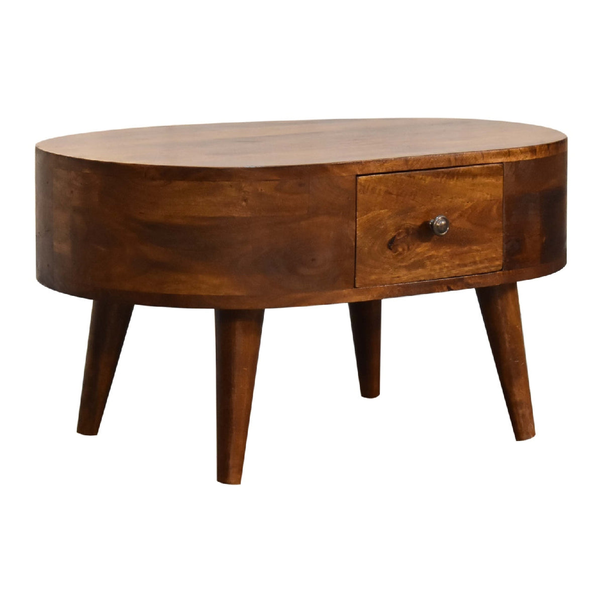 Chestnut Mango Wood 2-Drawer Mini Coffee Table — Rounded Edges, Nordic Legs | Hesdin