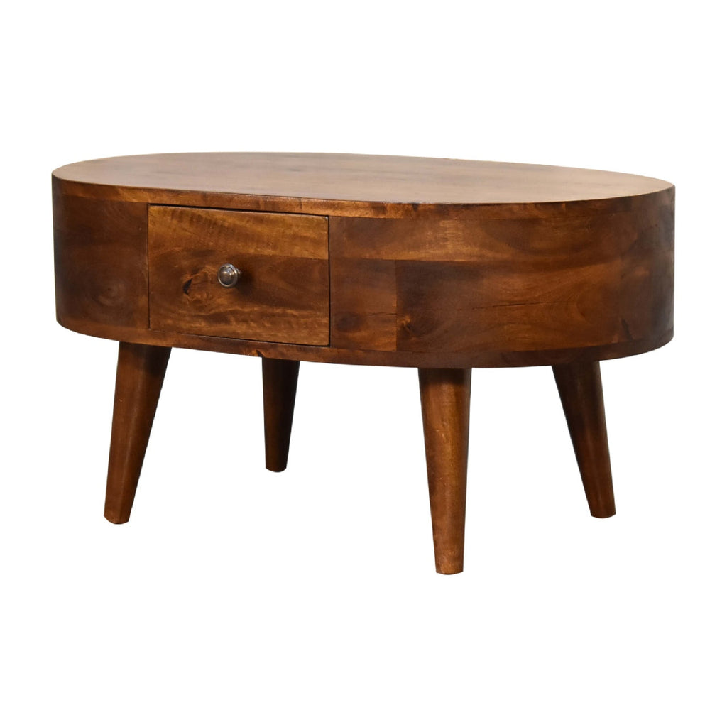 Chestnut Mango Wood 2-Drawer Mini Coffee Table — Rounded Edges, Nordic Legs | Hesdin