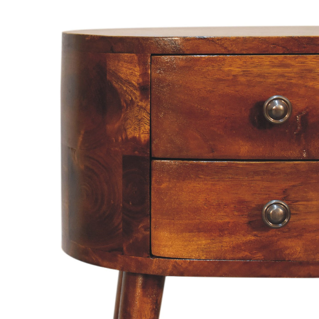 Chestnut Mango Wood 2-Drawer Nightstand — Rounded Edge Bedside Table, Nordic Legs | Isere