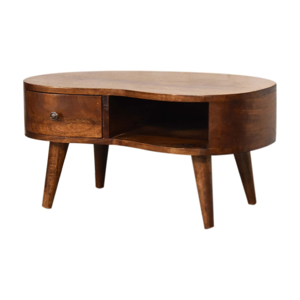 Chestnut Mango Wood 1-Drawer Coffee Table — Wave Shaped Design, Open Shelf, Nordic Legs | Joubert