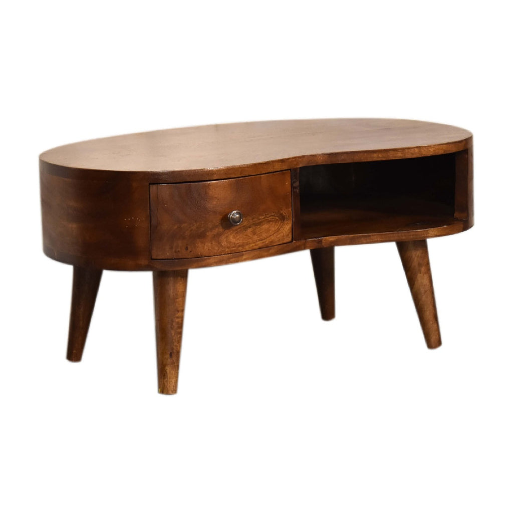 Chestnut Mango Wood 1-Drawer Coffee Table — Wave Shaped Design, Open Shelf, Nordic Legs | Joubert