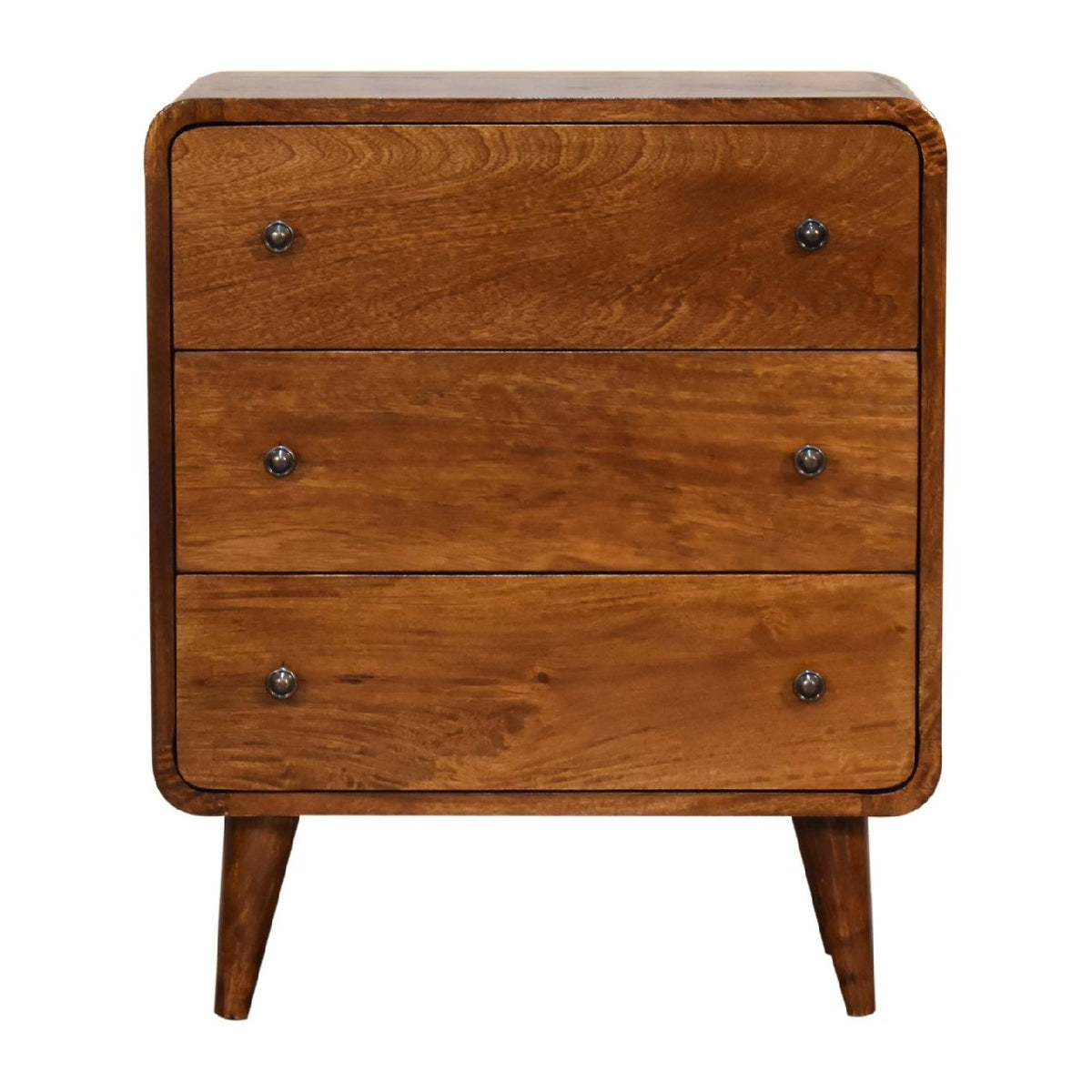 Chestnut Mango Wood Mini Curved Chest of Drawers — Rounded Corners, Nordic Legs | Lourdes