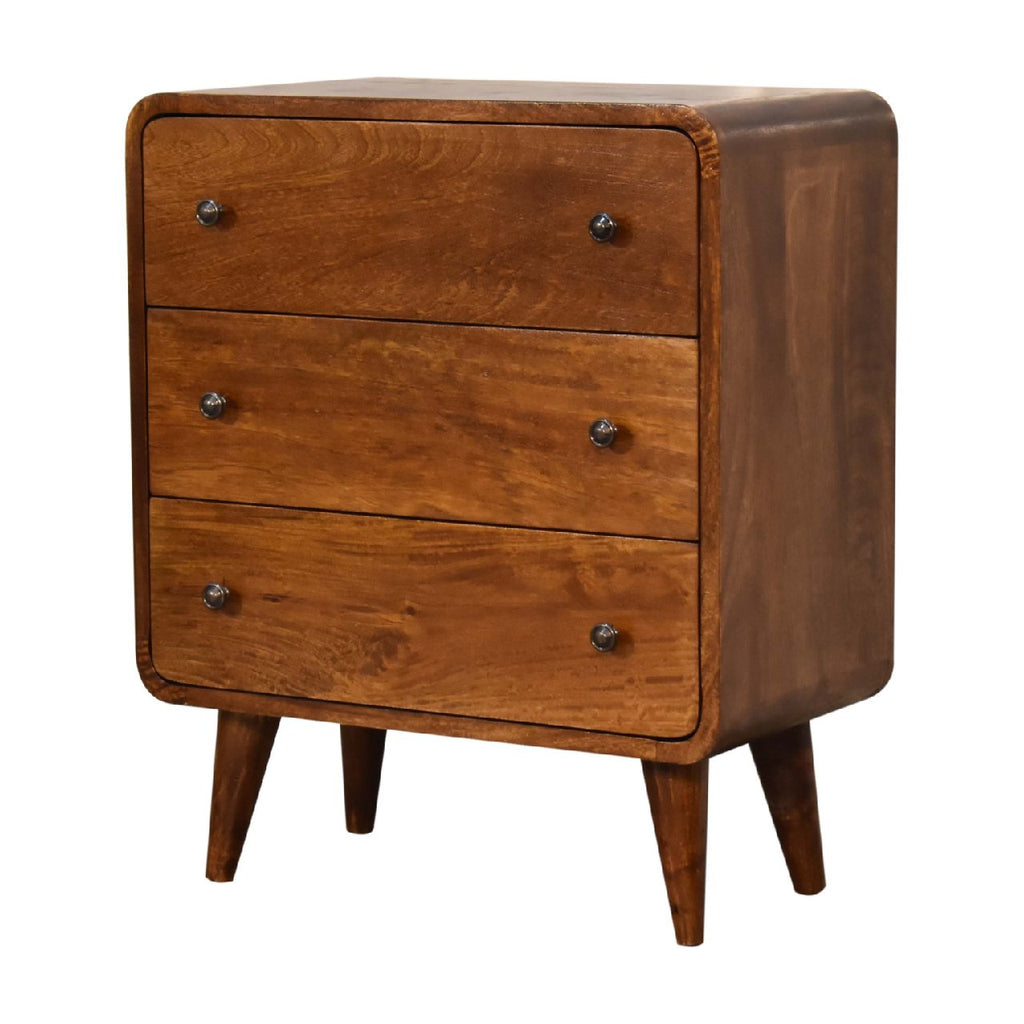 Chestnut Mango Wood Mini Curved Chest of Drawers — Rounded Corners, Nordic Legs | Lourdes
