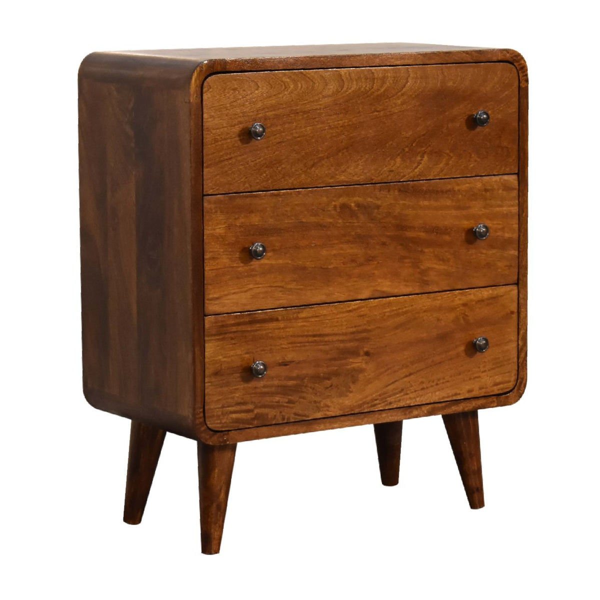 Chestnut Mango Wood Mini Curved Chest of Drawers — Rounded Corners, Nordic Legs | Lourdes