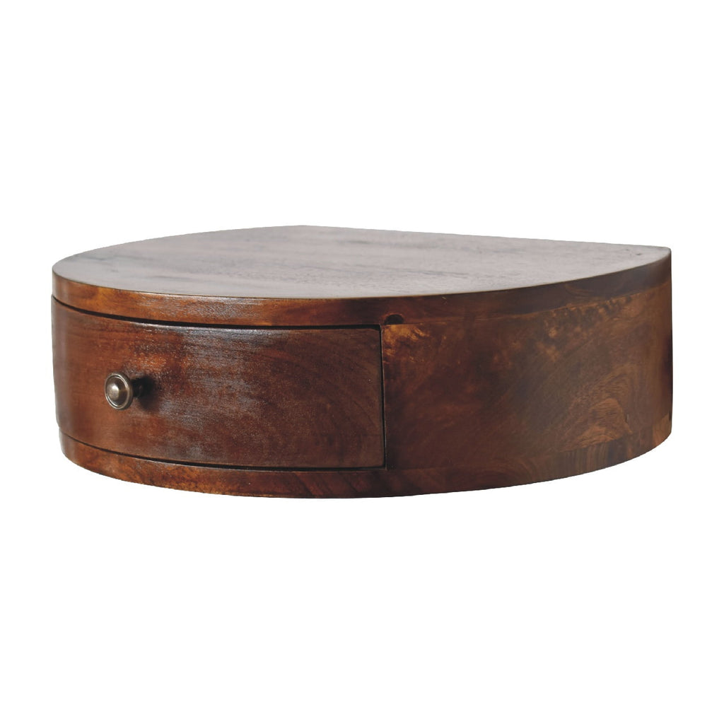 Chestnut Mango Wood 1-Drawer Floating Nightstand — Wall-Mounted Rounded Bedside Table | Mirabeau