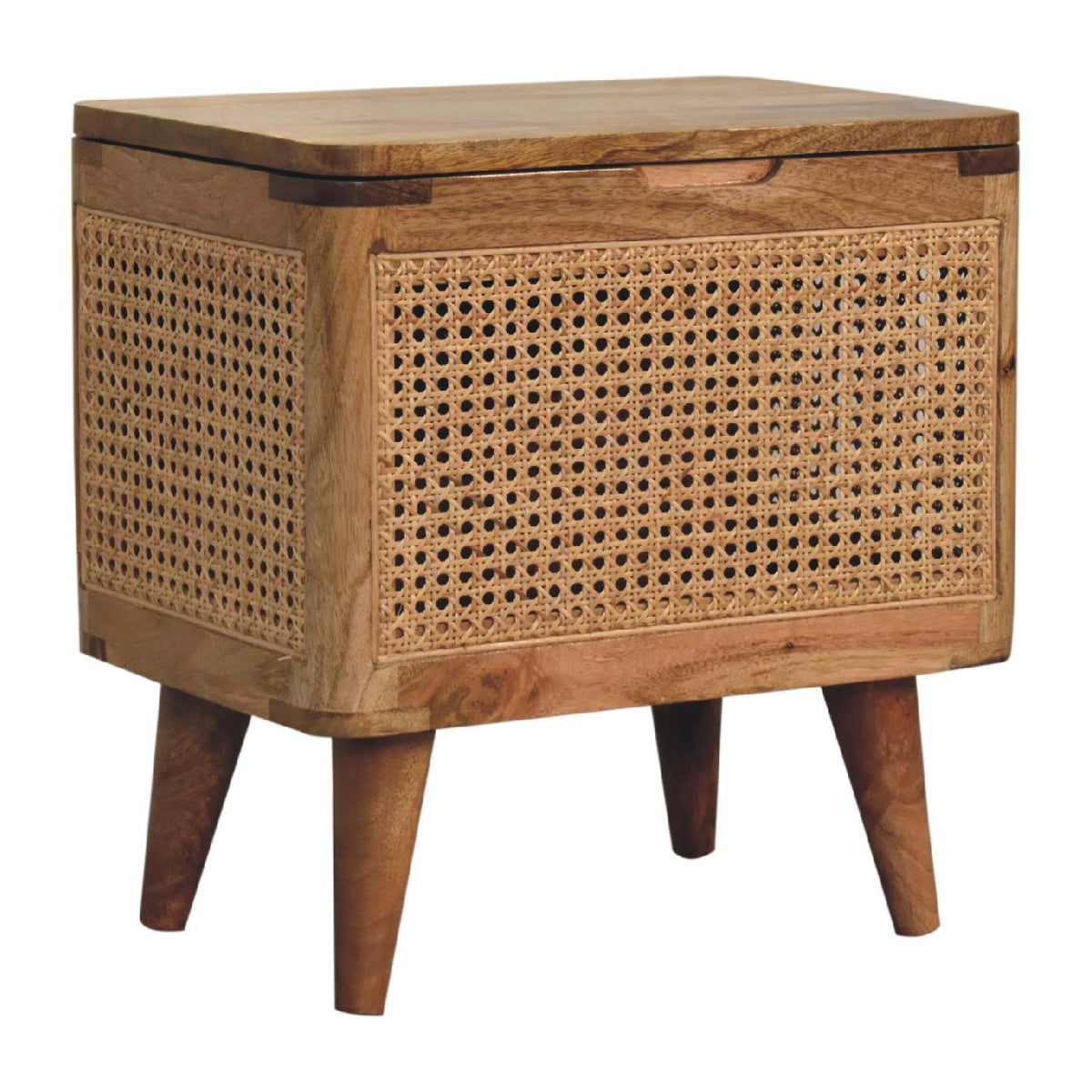 Oak Finish Mango Wood Storage Stool — Woven Rattan Lid-Up Top, Nordic Legs | Sancerre