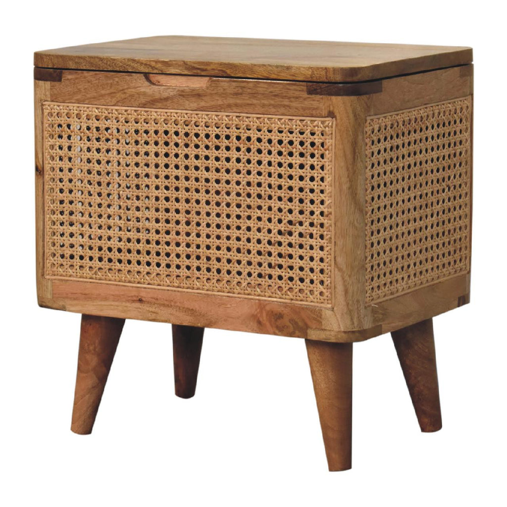 Oak Finish Mango Wood Storage Stool — Woven Rattan Lid-Up Top, Nordic Legs | Sancerre