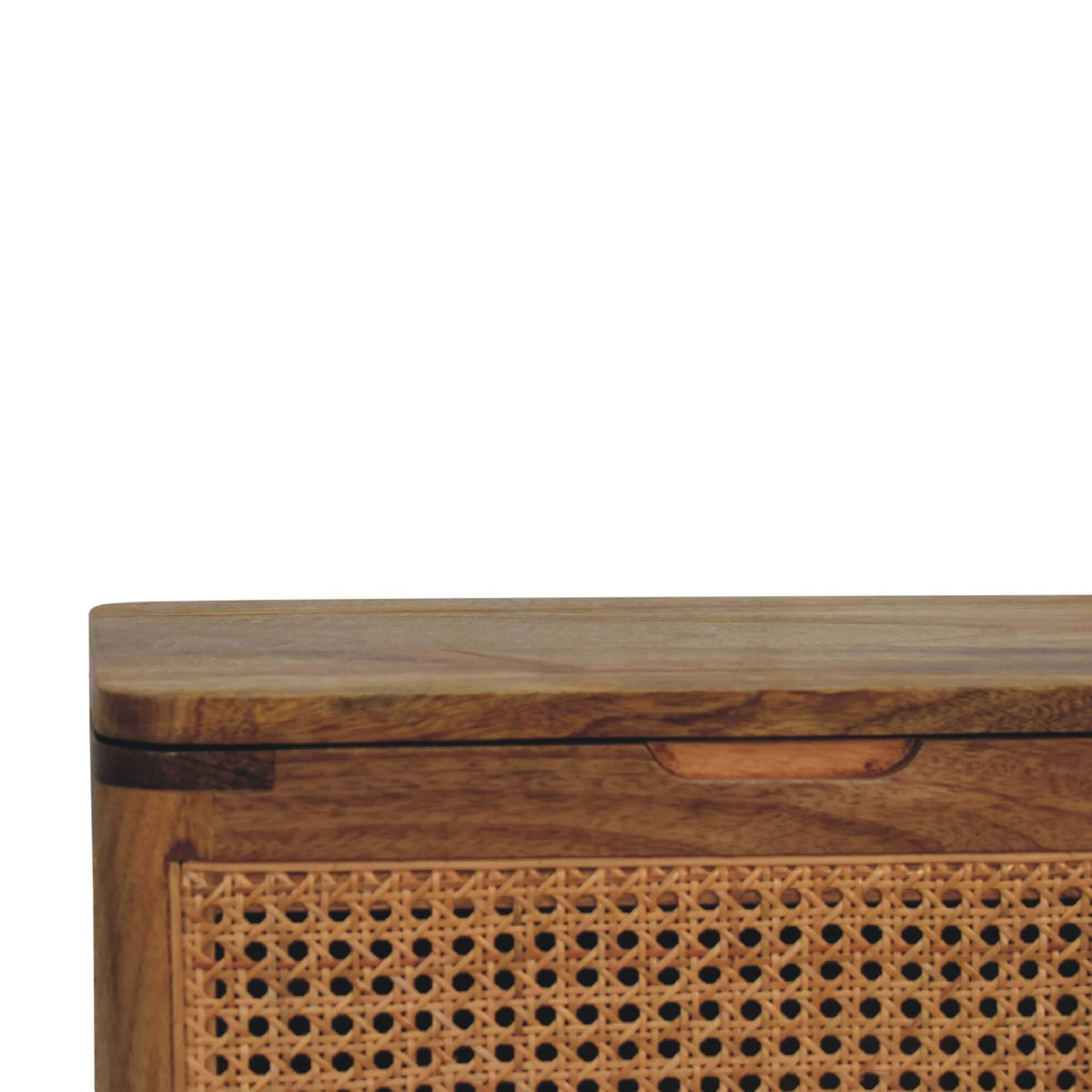 Oak Finish Mango Wood Storage Stool — Woven Rattan Lid-Up Top, Nordic Legs | Sancerre