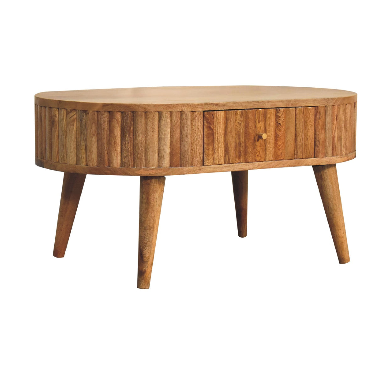 Oak Finish Mango Wood 1-Drawer Coffee Table — Ridged Stripe Design | Quillan