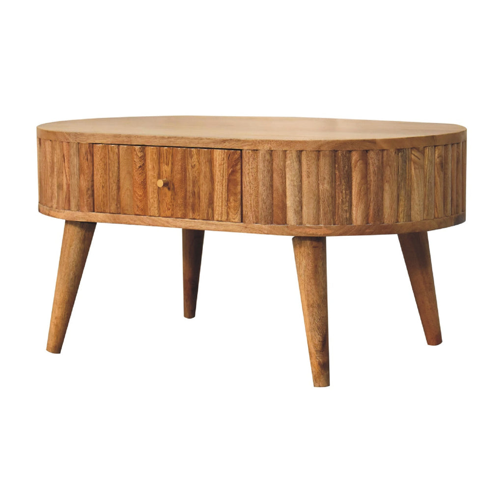 Oak Finish Mango Wood 1-Drawer Coffee Table — Ridged Stripe Design | Quillan
