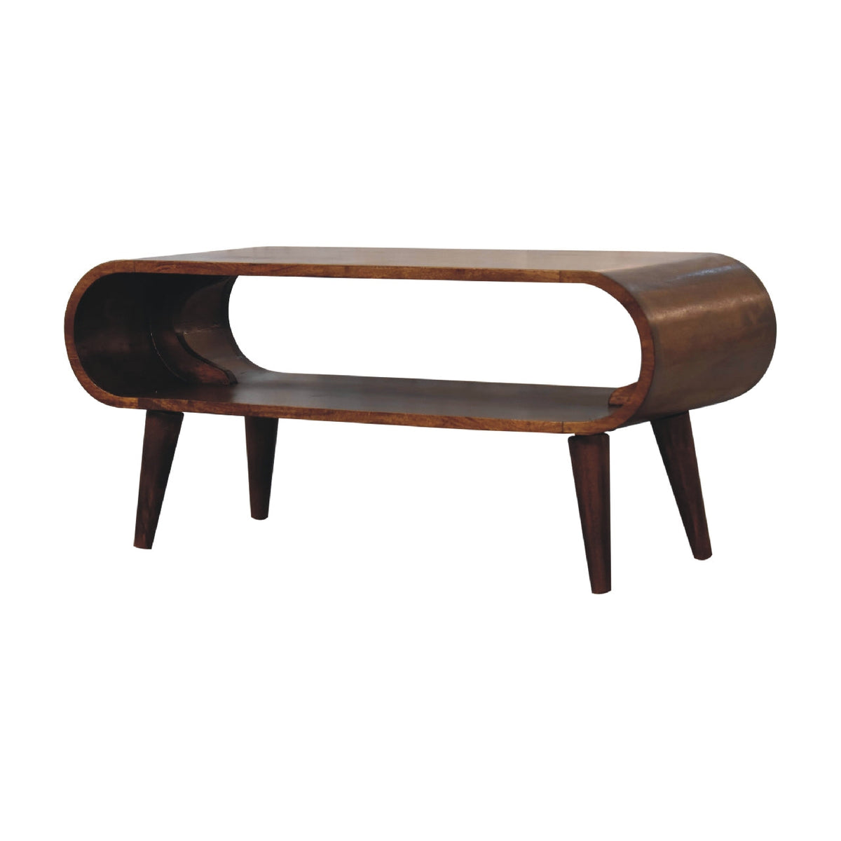 Chestnut Mango Wood Coffee Table — Open Design, Nordic Legs, Rounded Edges | Orleans