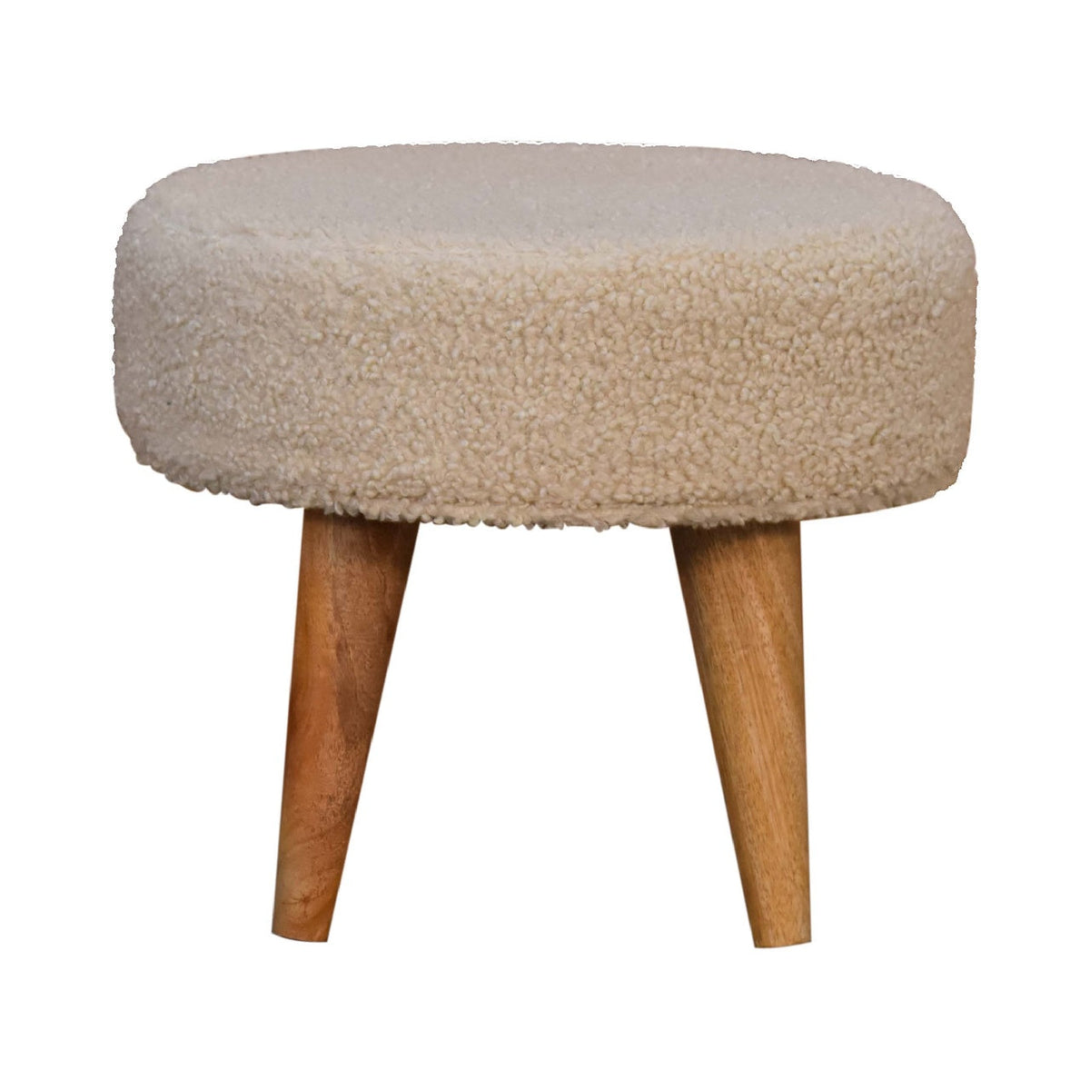 Cream Boucle Mango Wood Petite Footstool — Upholstered Cushioned Top, Nordic Legs | Perigord