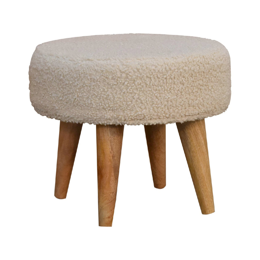 Cream Boucle Mango Wood Petite Footstool — Upholstered Cushioned Top, Nordic Legs | Perigord