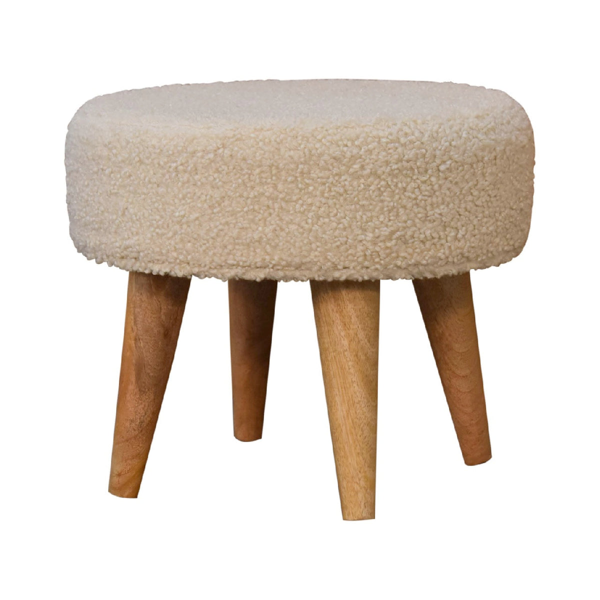 Cream Boucle Mango Wood Petite Footstool — Upholstered Cushioned Top, Nordic Legs | Perigord